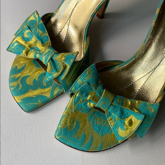 Kate Spade Bow Heel Green Blue Brocade Sandals - Picture 2 of 16